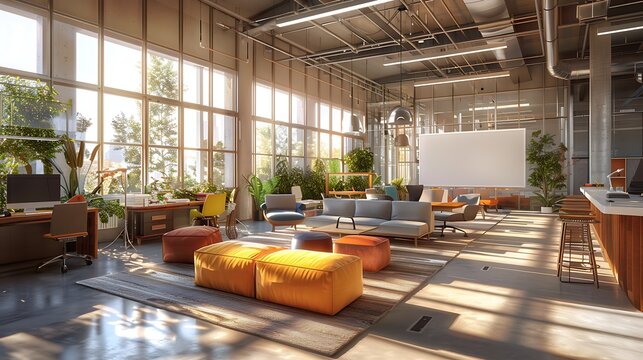 An innovative tech company office with open workspaces, modern furniture, and collaborative zones, featuring whiteboards, bean bags, a relaxed lounge area,