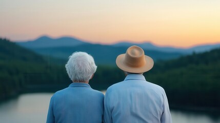 Two elderly men enjoy a serene sunset view over mountains and water, reflecting friendship and tranquility in nature.