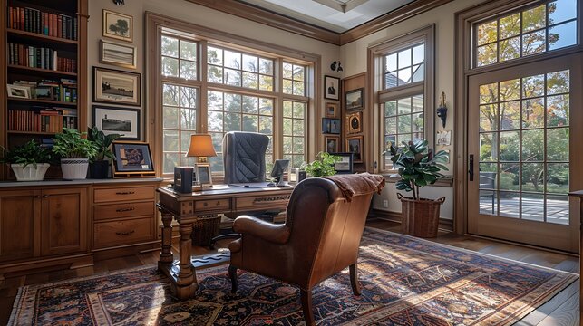 An inviting home office featuring a plush armchair, a rustic desk, personal items like family photos and greenery, large windows bringing in natural light, and a cozy, comfortable atmosphere,