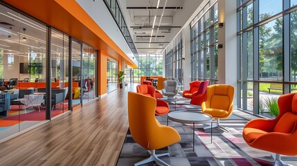 An open plan office space with open seating arrangements, communal tables, and collaborative zones, featuring contemporary design, bright colors, and natural light streaming in through large windows,