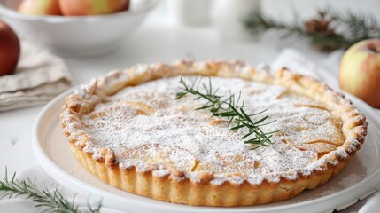 Freshly baked apple tart with rosemary garnish
