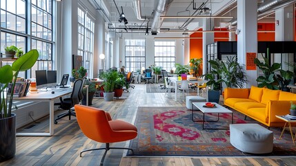An open plan office with modern open seating arrangements, communal tables, and collaborative workspaces, featuring sleek furniture, vibrant decor, and ample natural light from large windows,