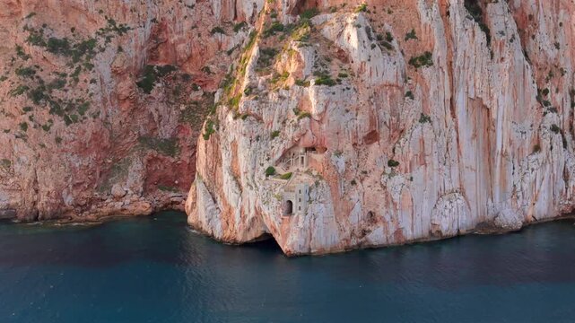 Aerial view of the historic mining port of Porto Flavia, Sardinia in Italy.