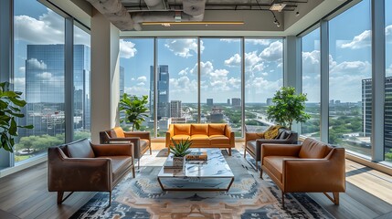 Fototapeta premium An upscale high-rise office with large windows offering a stunning panoramic view of the city, featuring contemporary furniture, sleek decor, and natural light enhancing the space,