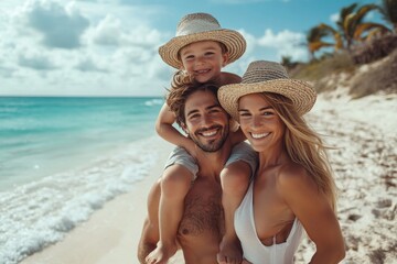 Parents carrying son on shoulders on beach vacation, Generative AI