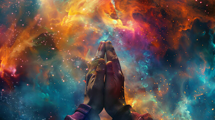 Obraz premium Person meditates with hands clasped in front of a vibrant galaxy backdrop, symbolizing spirituality and the interconnectedness of the cosmos