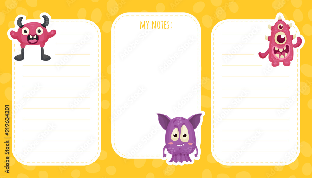 Poster note card with funny monster character and mutant with friendly face vector template