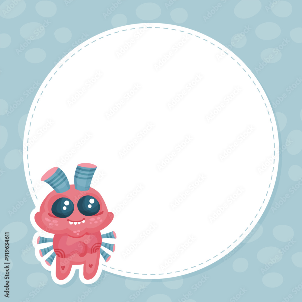 Poster banner with funny monster character and mutant with friendly face vector template