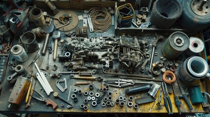 Fototapeta premium A cluttered workbench with various tools and parts, including a large metal engine component, a pair of pliers, a wrench, a screwdriver, a roll of wire, a grinder, and a container of lubricant.