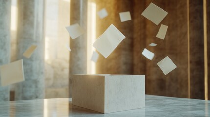 A 3D animation showcasing the moment a ballot is dropped into a ballot box, representing the democratic voting process. The high-resolution image features a neutral background, devoid of logos,