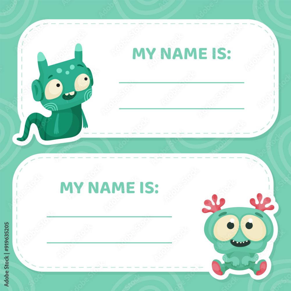 Poster name tag with funny monster character and mutant with friendly face vector template