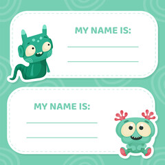 Name Tag with Funny Monster Character and Mutant with Friendly Face Vector Template