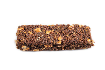 Granola bar with chocolate, caramel, nuts, flakes isolated on white. Side view, close up.