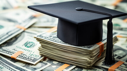 Graduation cap resting on a pile of american currency