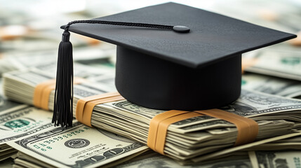 Graduation cap resting on a pile of american currency
