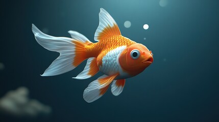 A single goldfish with orange and white scales swims in a dark blue, almost black water, facing the right side of the frame.