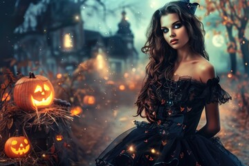 Fototapeta premium beautiful black dress girl in front of witch house decorated with pumpkin smoked and lightning