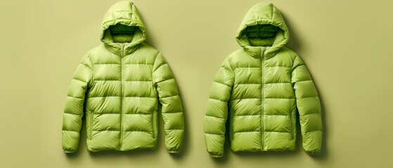 Fototapeta premium A pair of neon green jackets against a beige wall with a single light green wall in the background