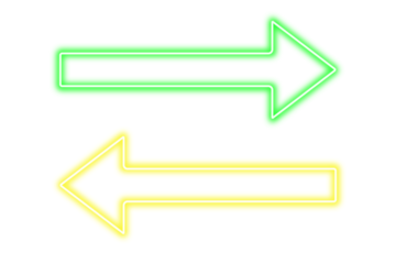 Neon arrow sign isolated on transparent background. Yellow and green neon laser arrows. Glowing arrow direction affect. Neon light colorful arrows design elements