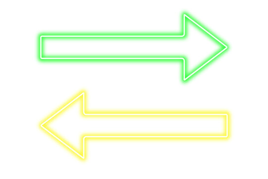 Neon arrow sign isolated on transparent background. Yellow and green neon laser arrows. Glowing arrow direction affect. Neon light colorful arrows design elements