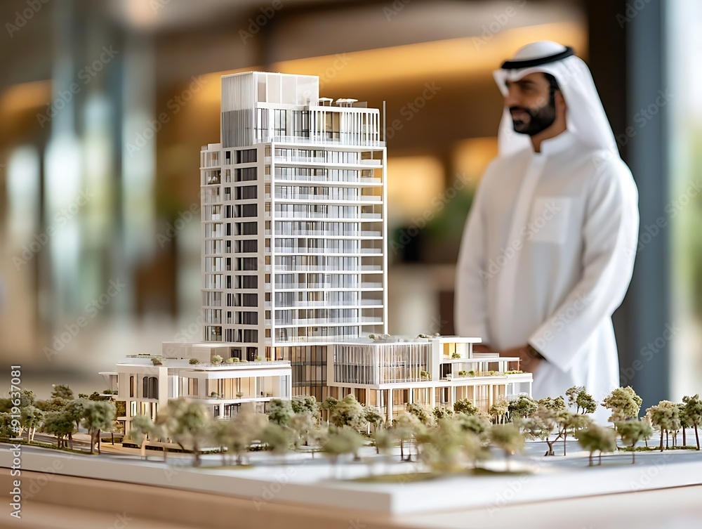 Poster architectural model of a modern skyscraper with surrounding greenery - 3d rendering
