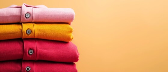  A stack of folded shirts against a yellow and pink background Yellow wall visible in the backdrop