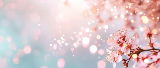  A pink flower in tight focus on a branch, lit from above by soft bokeh light