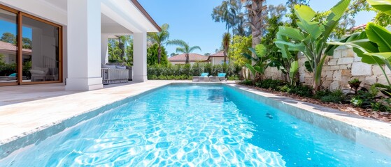  A swimming pool encircled by verdant foliage, accompanied by a sturdy stone wall Sliding glass doors access the covered patio area