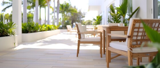 Fototapeta premium A patio featuring a table and chairs, with a potted plant on its opposite side Palm trees populate the background