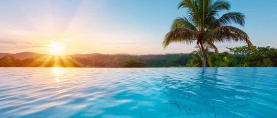  A large swimming pool with a palm tree in the foreground and a stunning sunset over mountains in the distance