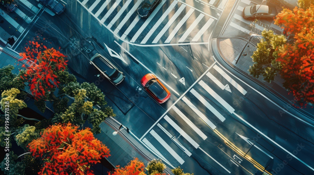 Poster visualize a self-driving car navigating through city traffic, utilizing advanced sensors and ai tech