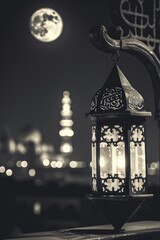 Lantern at night in a city with a full moon, illuminating an outdoor space and creating a serene ambiance.