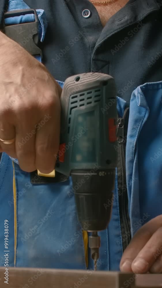 Poster close up of a man carpenter using screwdriver while working with a wooden product. creative. woodwor