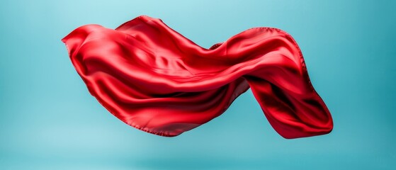 Fototapeta premium A red silken cloth flutters in the wind against a blue backdrop, with ample room for text placement in the image's center