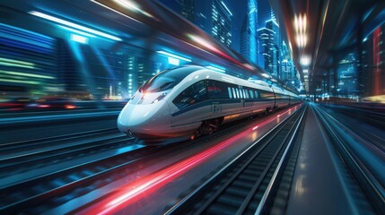 Visualize a sleek high-speed train gliding through a futuristic cityscape, capturing the essence of modern travel