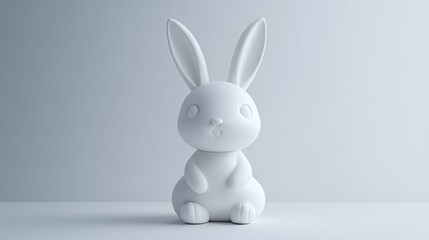 Fototapeta premium A white rabbit figurine with large ears and big eyes sits on a white surface.