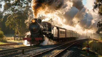 Fototapeta premium Visualize a steam locomotive at a heritage railway, surrounded by enthusiasts and beautifully restored trains