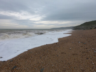 Torcross, Devon, UK - May 17 2023: Beach and sea at Torcross, Slapton Sands
