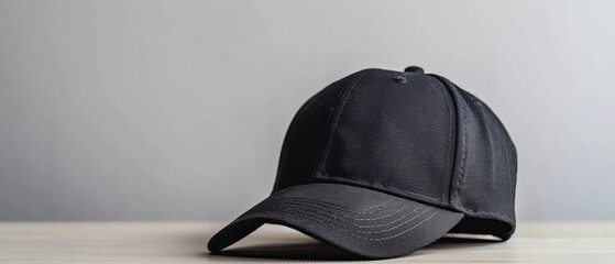  A black baseball cap atop a wooden table, gray wall in the foreground, white wall receding in background