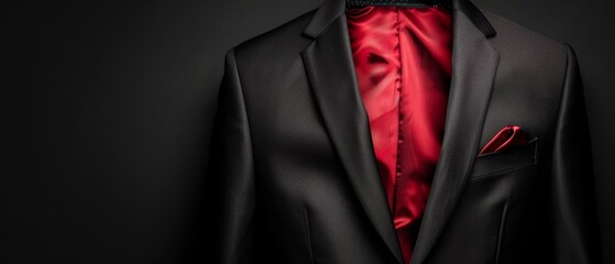  A mannequin dons a black suit, topped with a red shirt and a red tie in this tight shot