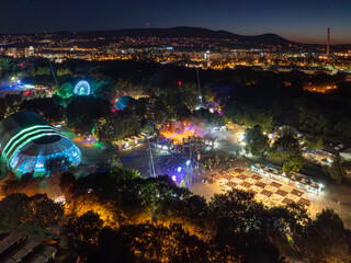 08.11.24. Budapest, Hungary. Aerial view about the Sziget festival in Budapest. This is the largest festival in Hungary every year. There is Concerts, talk shows, parties, camping etc.