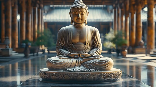 A golden Buddha statue with simple, clean lines, softly illuminated to represent wisdom and the path to inner peace, placed on a minimalist base to signify stability and balance in life