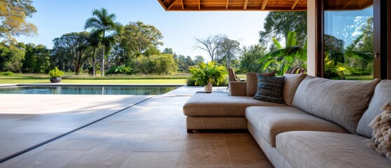 A couch atop a wooden floor, adjacent to a large window revealing a swimming pool view