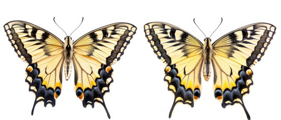  A few yellow and black butterflies against a white background