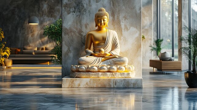 A golden Buddha statue with simple, clean lines, softly illuminated to represent wisdom and the path to inner peace, placed on a minimalist base to signify stability and balance in life