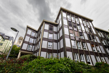 Facade of residential building, made in the 70s with modular panels containing asbestos