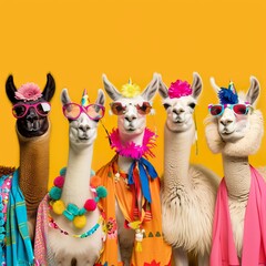  A cluster of llamas donning sunglasses stand before a sunlit, yellow backdrop