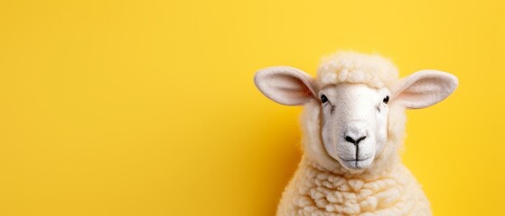 Obraz premium A tight shot of a sheep's head against a yellow backdrop, featuring a yellow wall in the distance