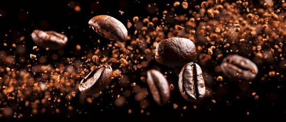  Gold-flecked coffee beans pouring into a heap against a black backdrop
