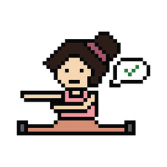 Fototapeta premium Cute pixel cartoon 8bit character woman lady aerobic yoga exercises training lifestyle stretch decoration life style 8 bit female girl exercise gym yoga fitness warm game png vector.